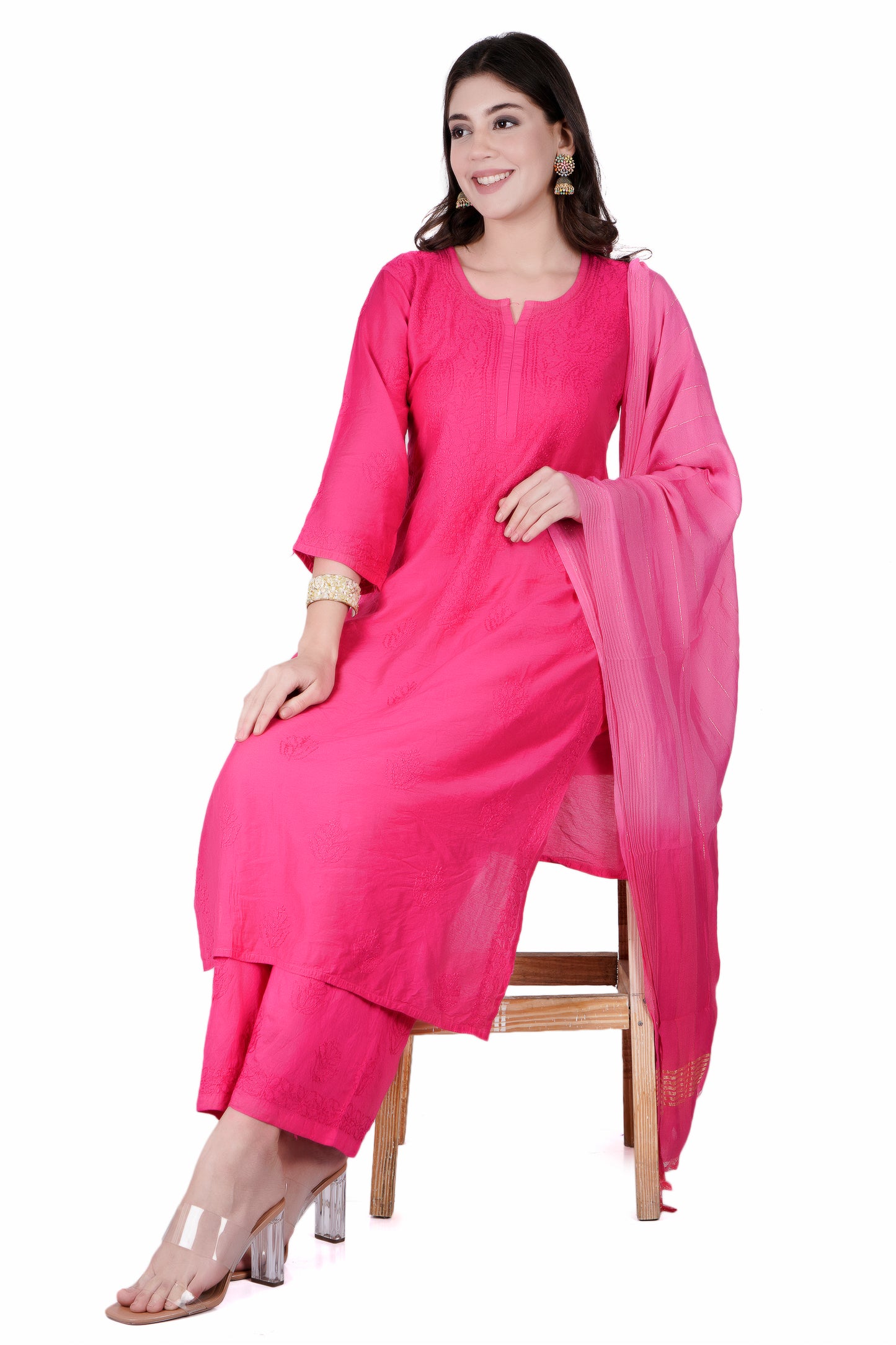 The Chikankari Story Enchanting Pink Chanderi Chikankari 3-Piece Set Regal Hand Embroidered Kurti with Dupatta and Palazzo for Timeless Elegance