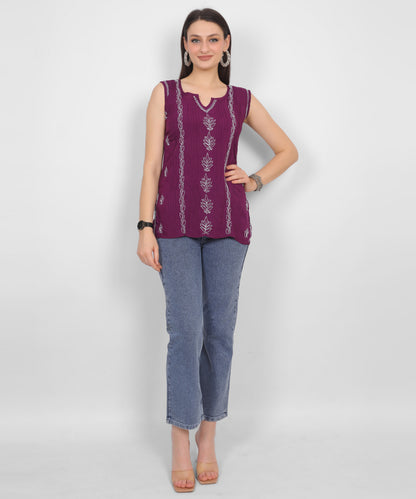 Modal Chikankari Sleeveless Short Kurti for Women – Authentic Lucknowi Style.