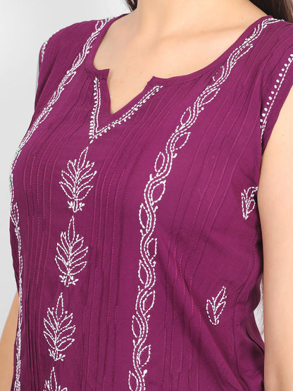 Modal Chikankari Sleeveless Short Kurti for Women – Authentic Lucknowi Style.
