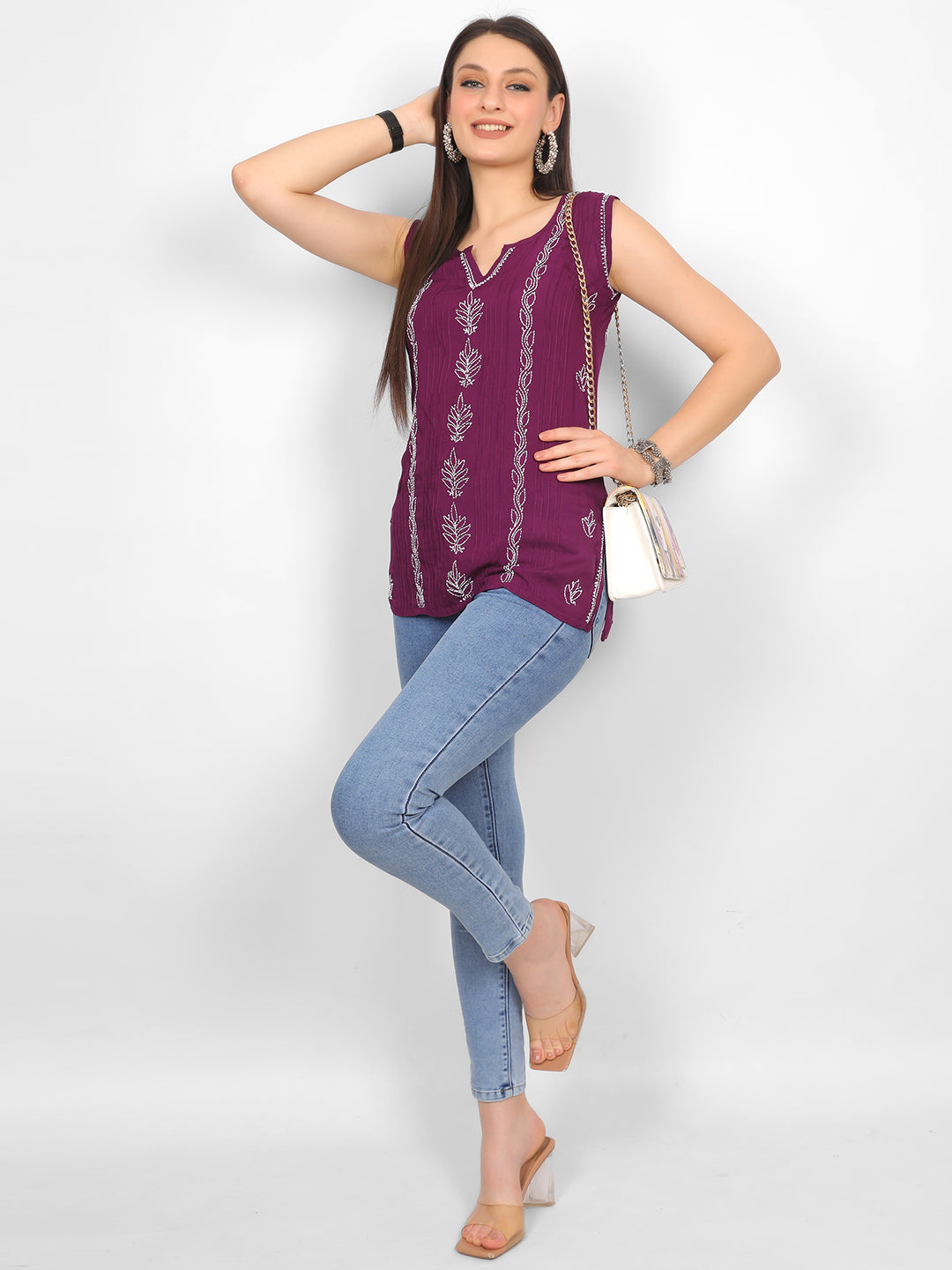 Modal Chikankari Sleeveless Short Kurti for Women – Authentic Lucknowi Style.