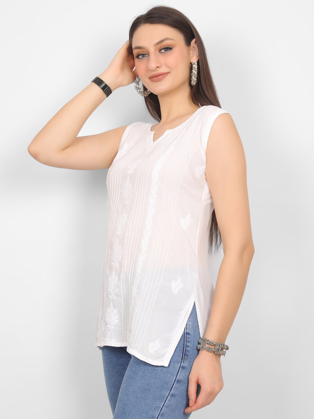 Modal Chikankari Sleeveless Short Kurti for Women – Authentic Lucknowi Style.