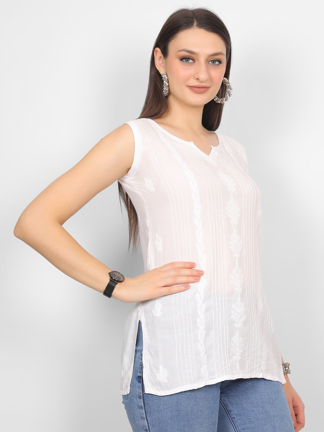 Modal Chikankari Sleeveless Short Kurti for Women – Authentic Lucknowi Style.