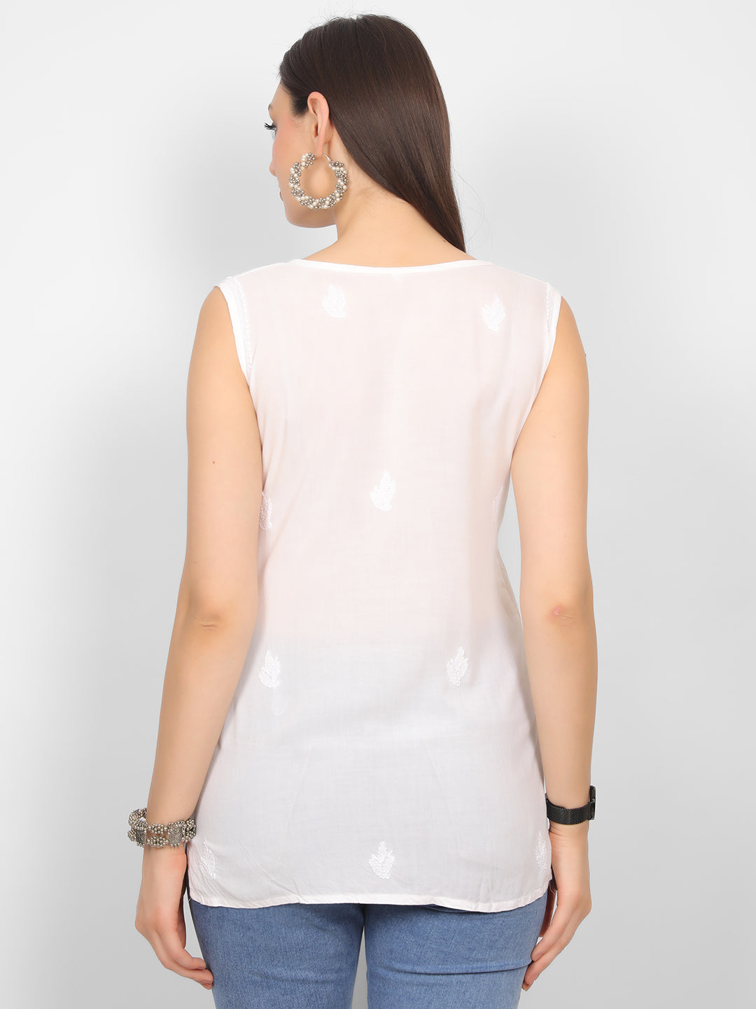 Modal Chikankari Sleeveless Short Kurti for Women – Authentic Lucknowi Style.