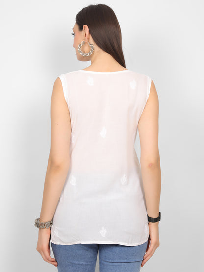 Modal Chikankari Sleeveless Short Kurti for Women – Authentic Lucknowi Style.