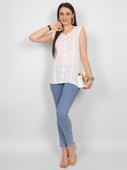 Modal Chikankari Sleeveless Short Kurti for Women – Authentic Lucknowi Style.