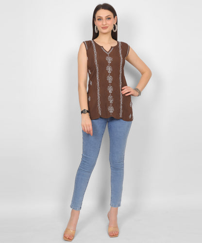 Modal Chikankari Sleeveless Short Kurti for Women – Authentic Lucknowi Style.