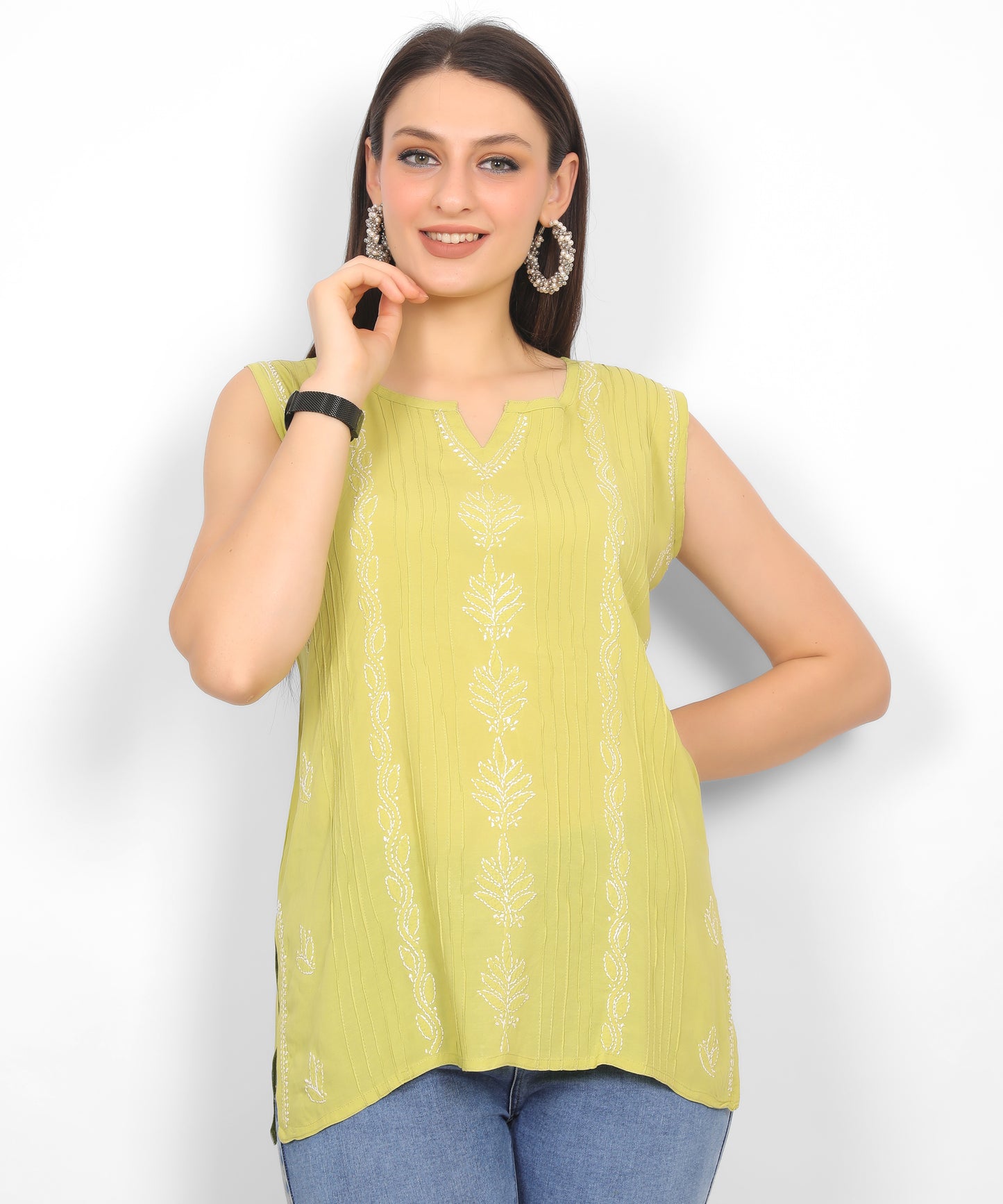 Modal Chikankari Sleeveless Short Kurti for Women – Authentic Lucknowi Style.