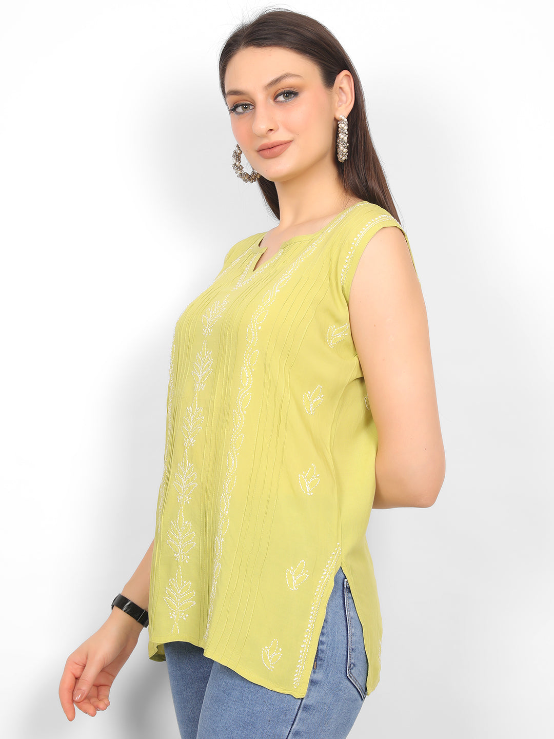 Modal Chikankari Sleeveless Short Kurti for Women – Authentic Lucknowi Style.