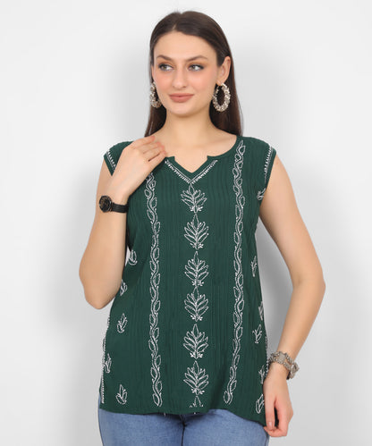 Modal Chikankari Sleeveless Short Kurti for Women – Authentic Lucknowi Style.