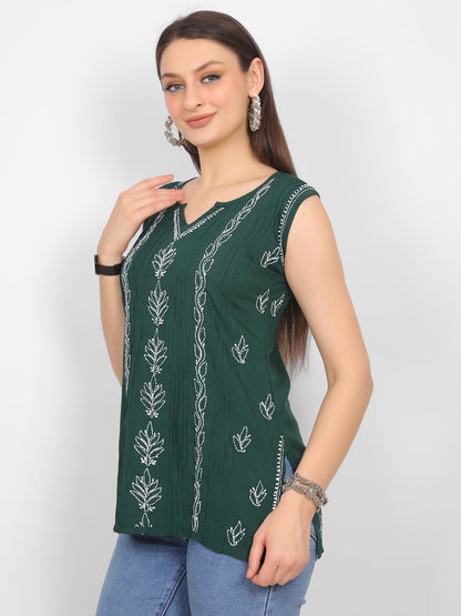Modal Chikankari Sleeveless Short Kurti for Women – Authentic Lucknowi Style.