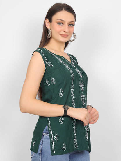 Modal Chikankari Sleeveless Short Kurti for Women – Authentic Lucknowi Style.