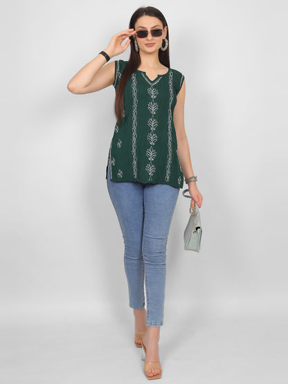Modal Chikankari Sleeveless Short Kurti for Women – Authentic Lucknowi Style.