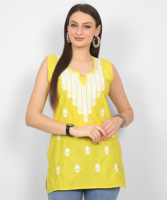 Sleeveless Pure Cotton Embroidered Short Kurti Top.