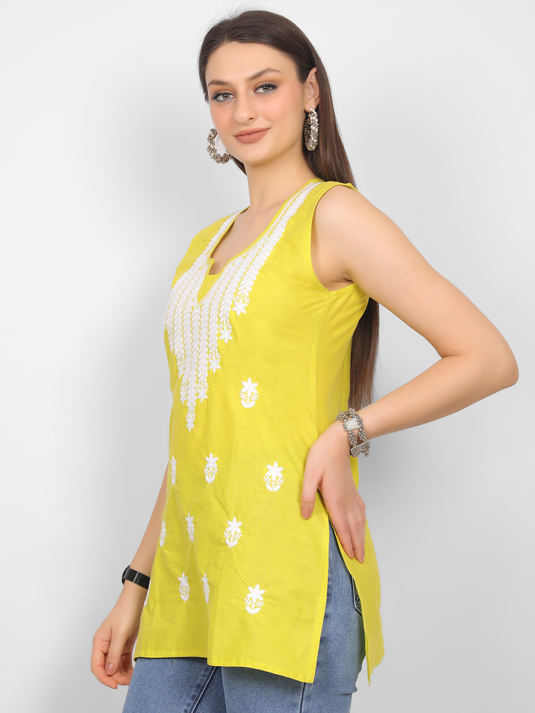 Sleeveless Pure Cotton Embroidered Short Kurti Top.