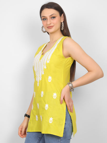 Sleeveless Pure Cotton Embroidered Short Kurti Top.