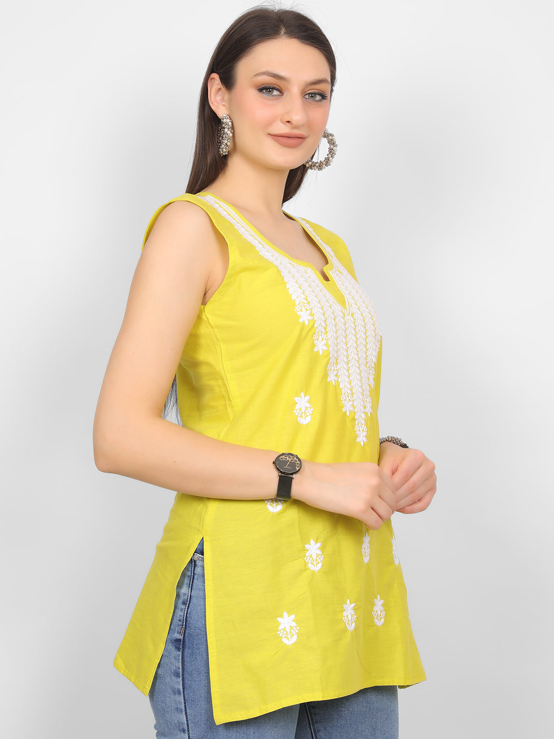 Sleeveless Pure Cotton Embroidered Short Kurti Top.