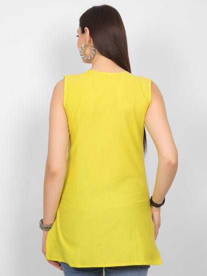 Sleeveless Pure Cotton Embroidered Short Kurti Top.