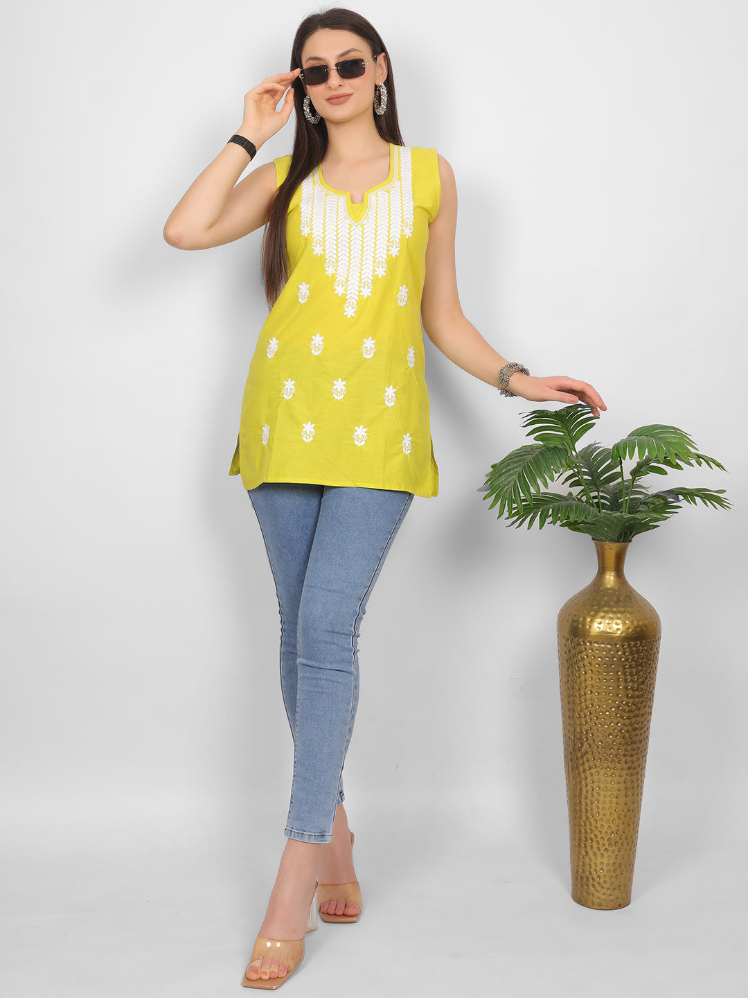Sleeveless Pure Cotton Embroidered Short Kurti Top.