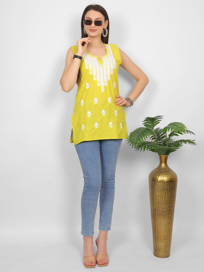 Sleeveless Pure Cotton Embroidered Short Kurti Top.