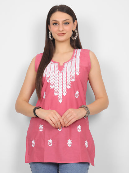 Sleeveless Pure Cotton Embroidered Short Kurti Top.