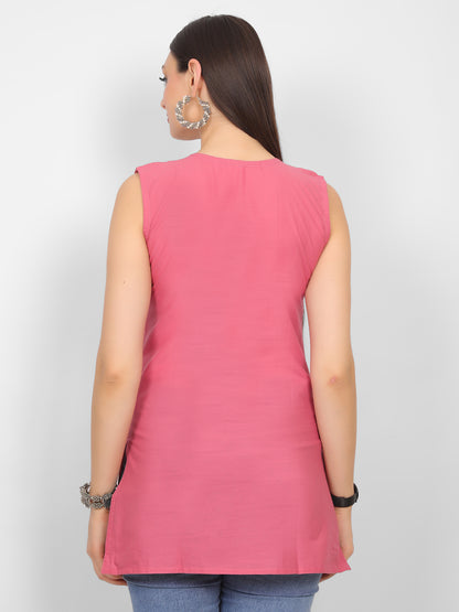 Sleeveless Pure Cotton Embroidered Short Kurti Top.