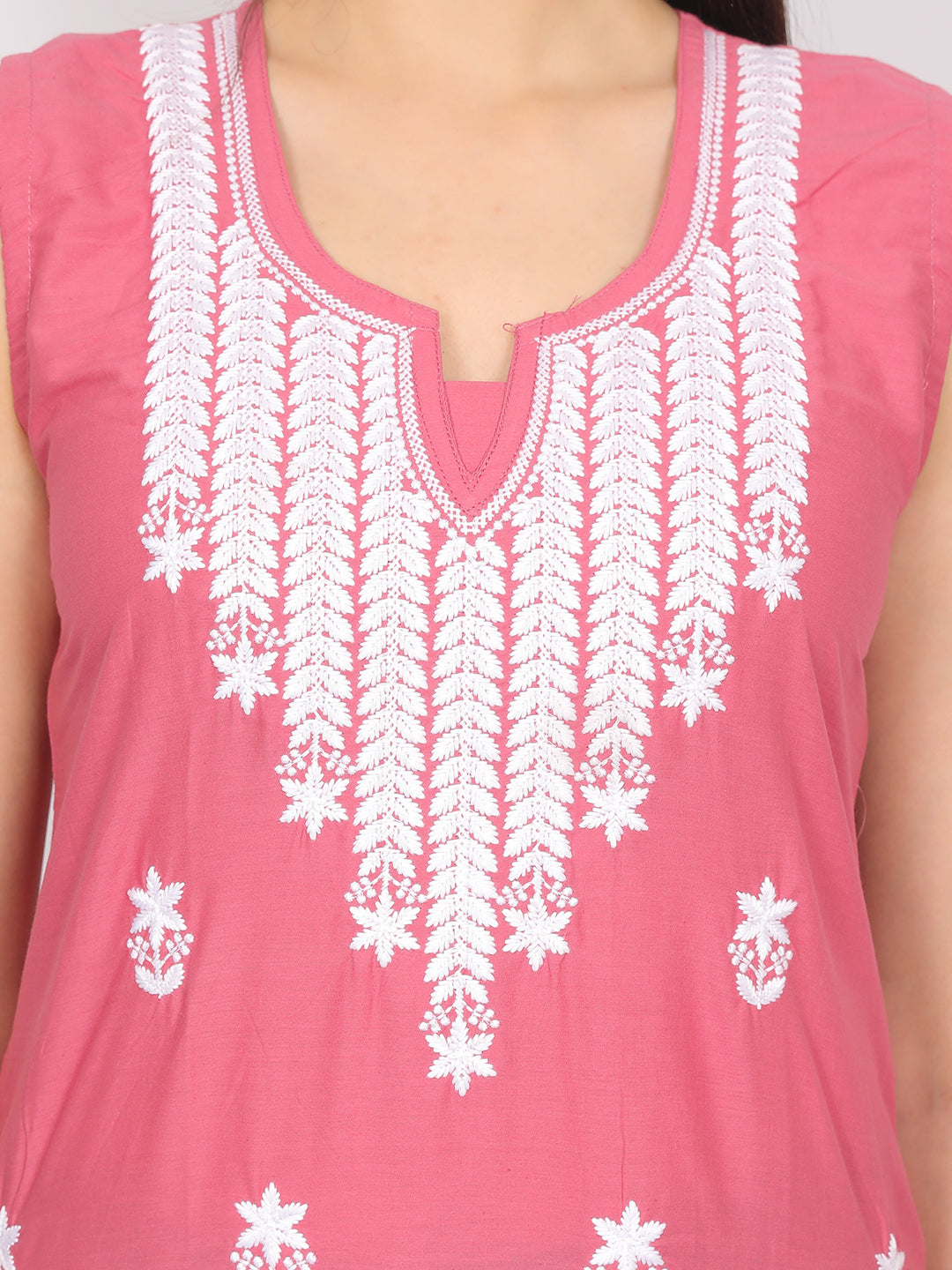 Sleeveless Pure Cotton Embroidered Short Kurti Top.