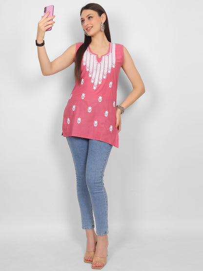 Sleeveless Pure Cotton Embroidered Short Kurti Top.