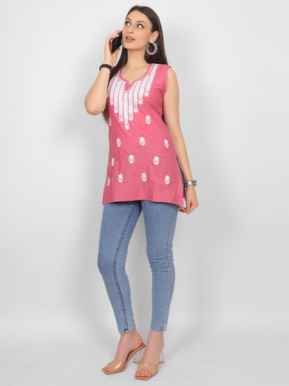 Sleeveless Pure Cotton Embroidered Short Kurti Top.