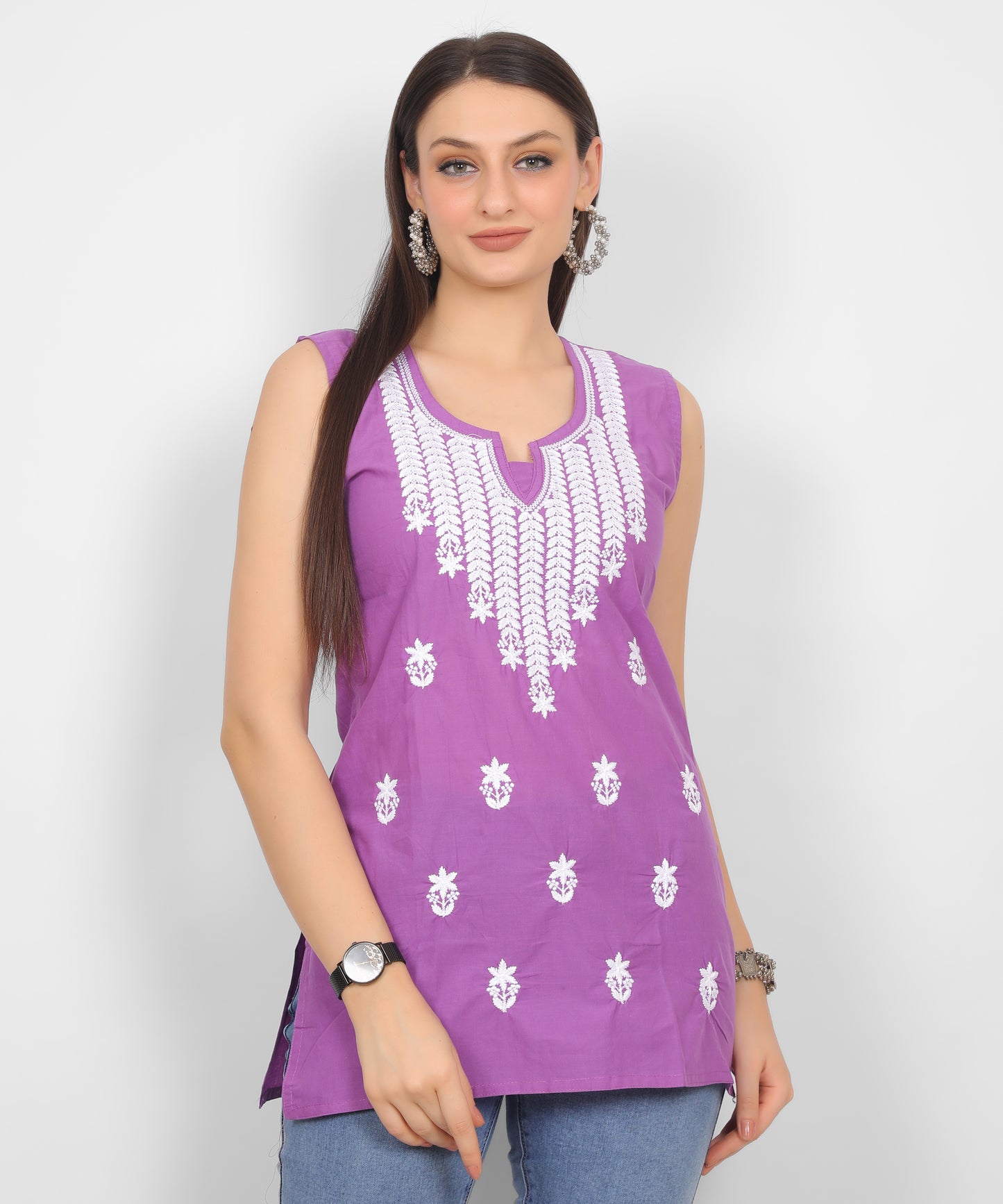 Sleeveless Pure Cotton Embroidered Short Kurti Top.