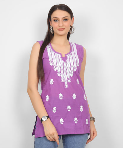 Sleeveless Pure Cotton Embroidered Short Kurti Top.