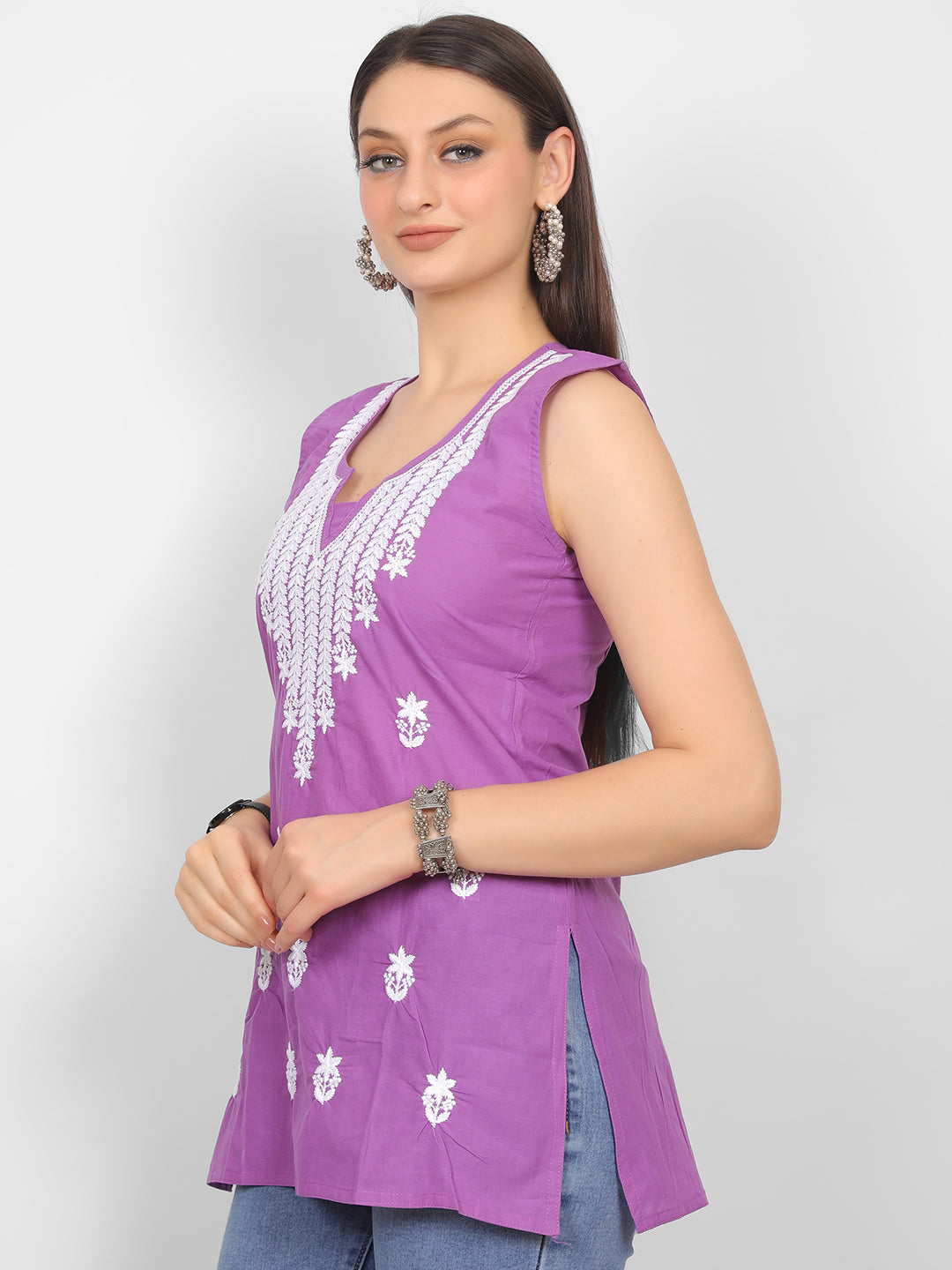 Sleeveless Pure Cotton Embroidered Short Kurti Top.