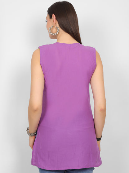 Sleeveless Pure Cotton Embroidered Short Kurti Top.