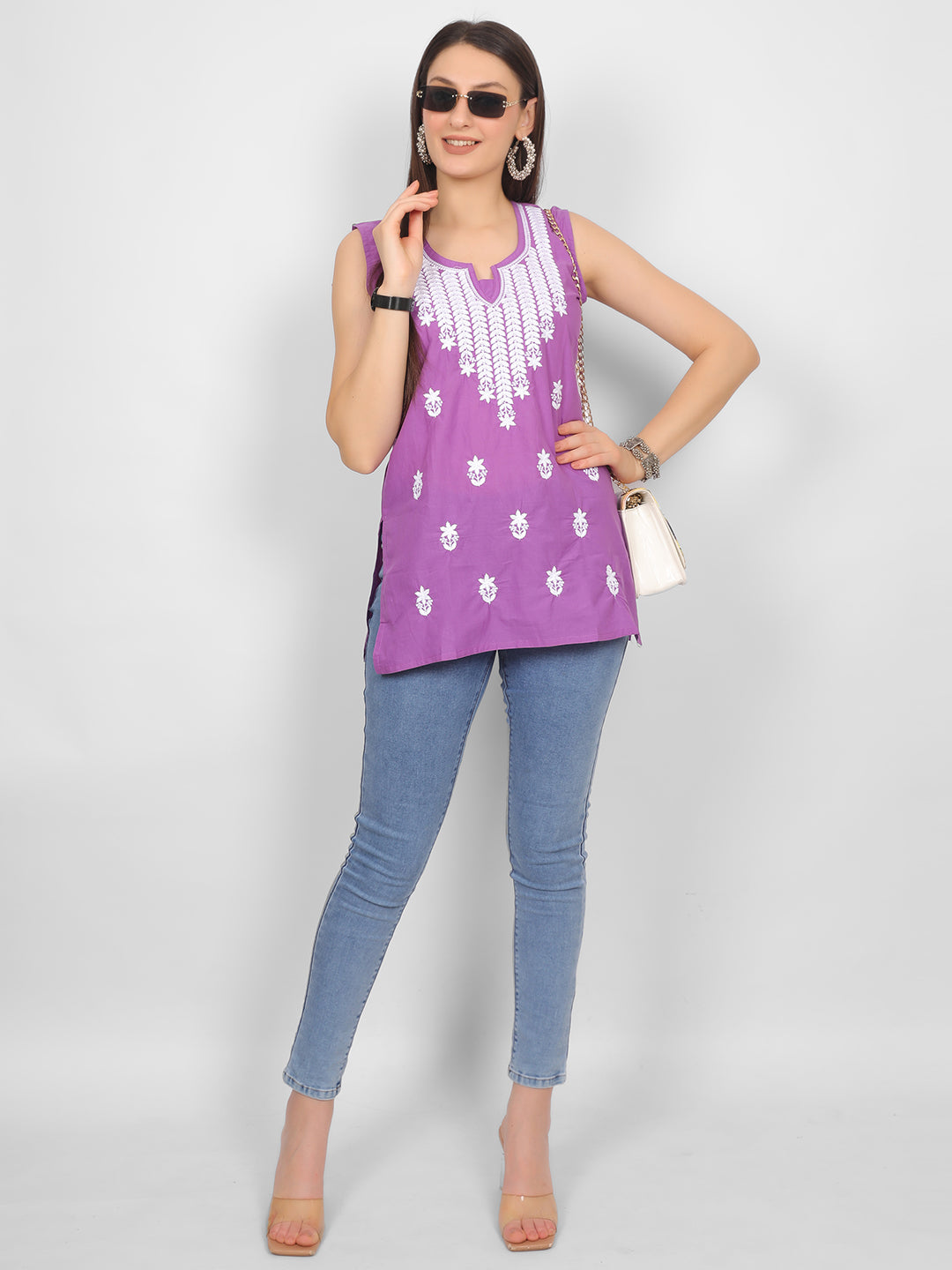 Sleeveless Pure Cotton Embroidered Short Kurti Top.