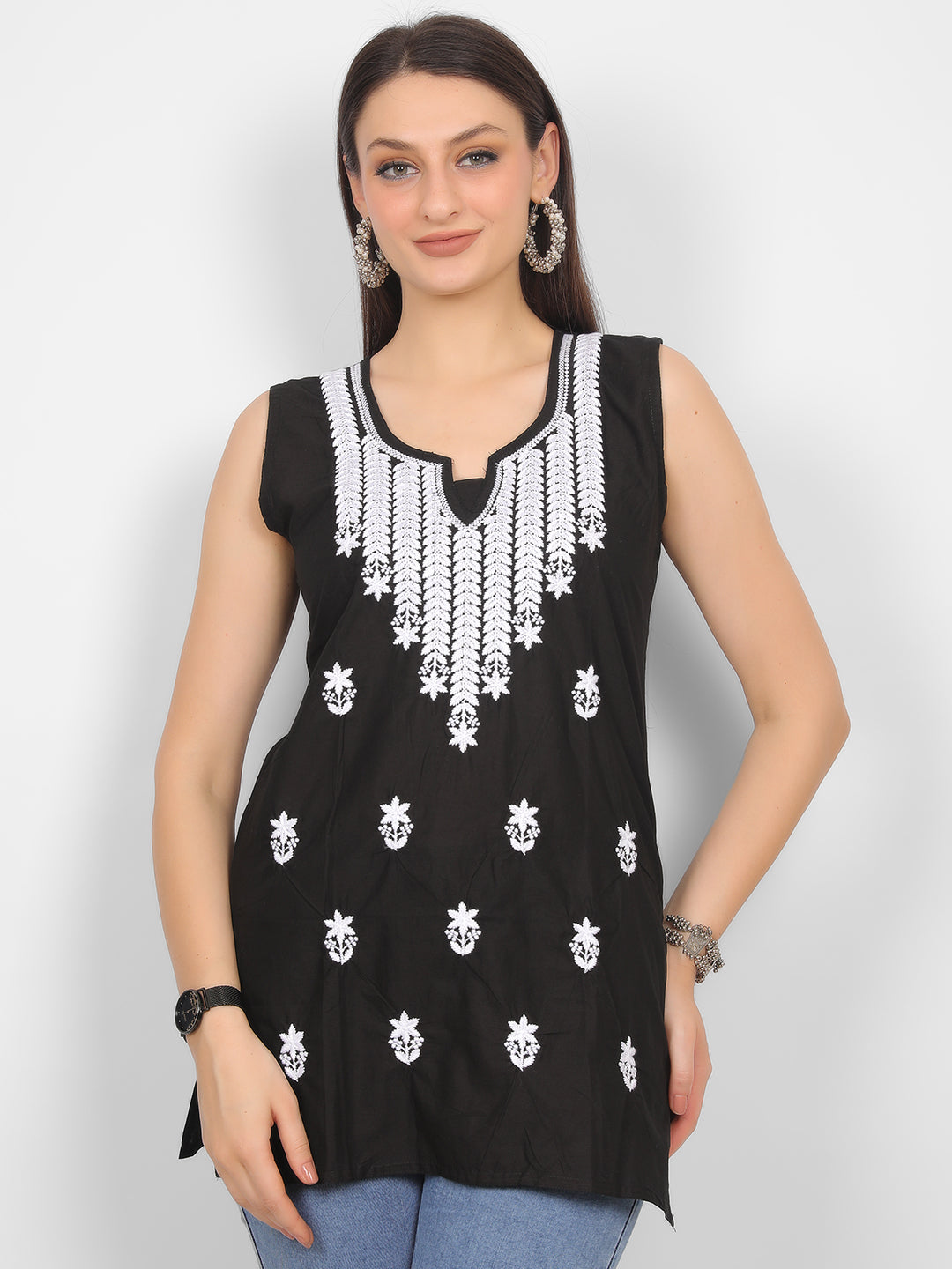 Sleeveless Pure Cotton Embroidered Short Kurti Top.