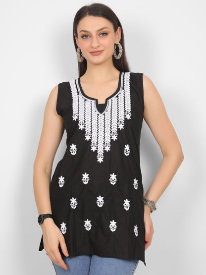 Sleeveless Pure Cotton Embroidered Short Kurti Top.