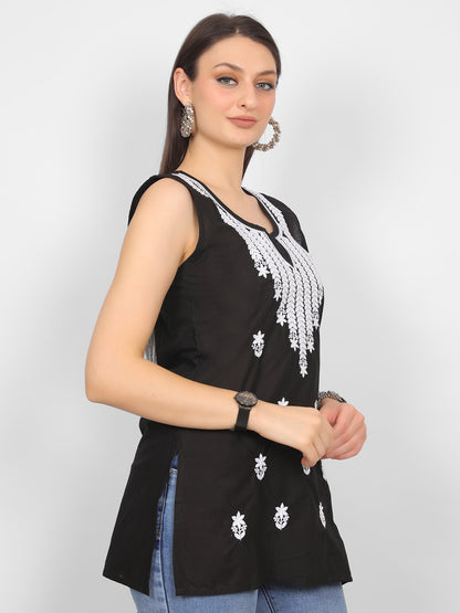 Sleeveless Pure Cotton Embroidered Short Kurti Top.