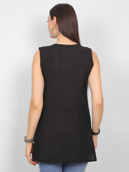 Sleeveless Pure Cotton Embroidered Short Kurti Top.