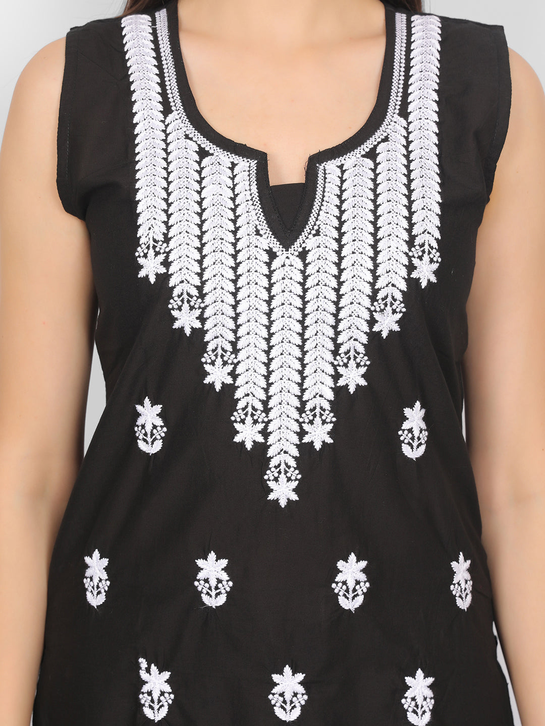Sleeveless Pure Cotton Embroidered Short Kurti Top.