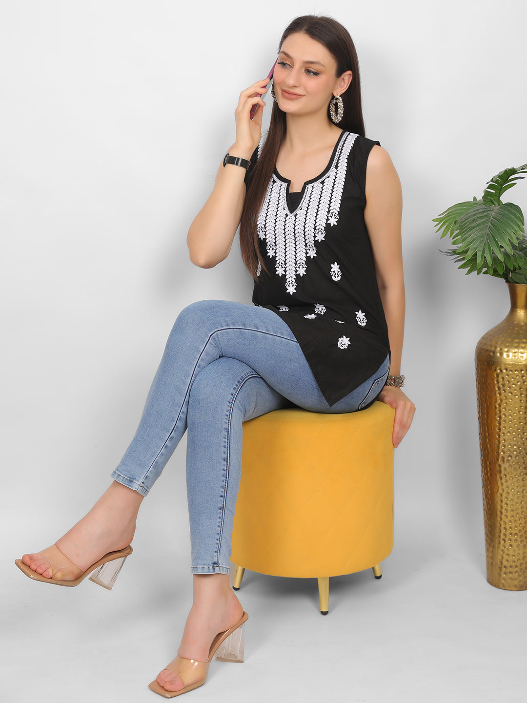 Sleeveless Pure Cotton Embroidered Short Kurti Top.