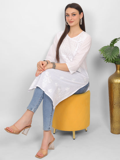 Chikankari Hand Embroidery Angrakha Long Kurti for Women – Elegant Lucknowi Style.