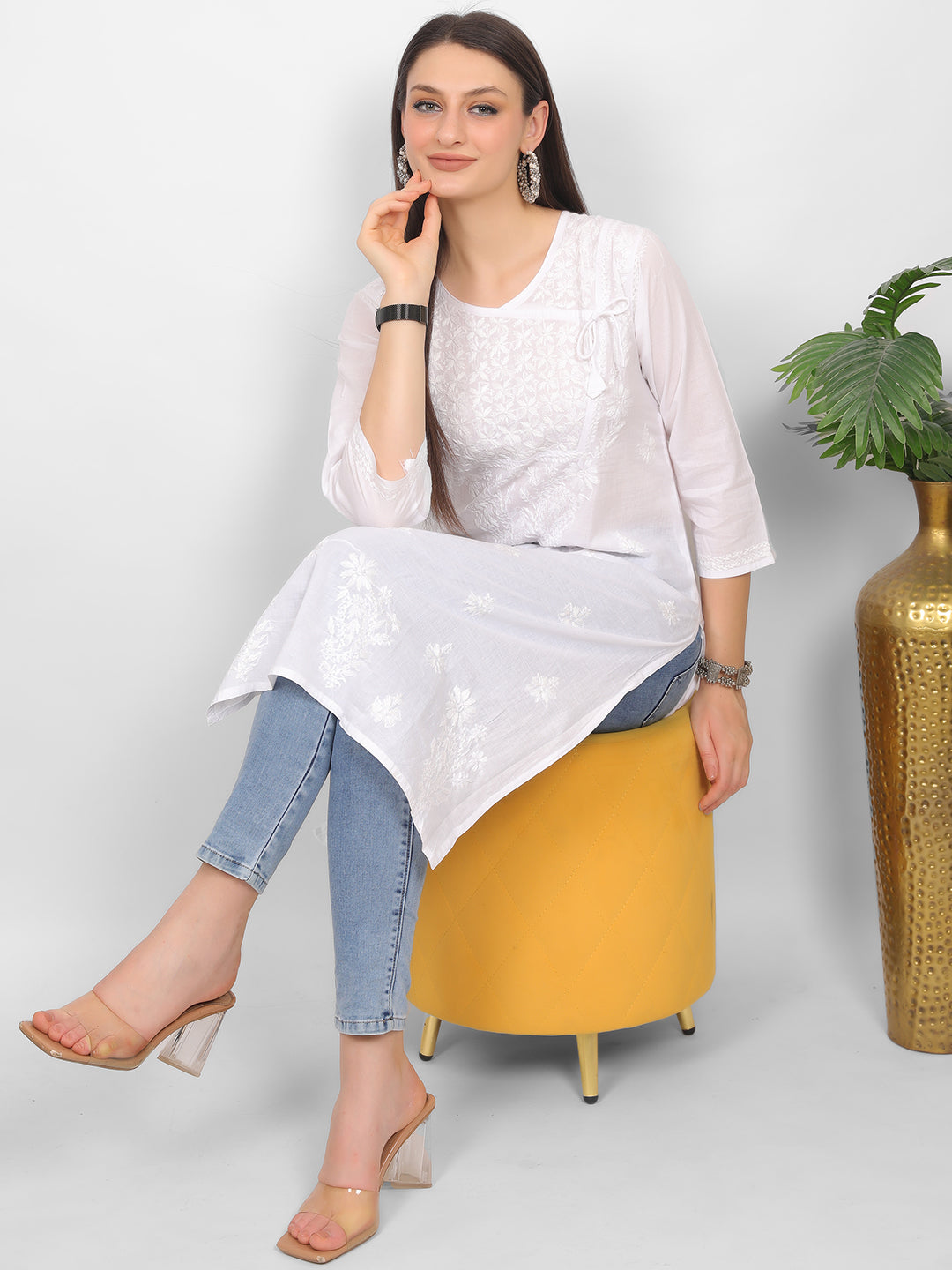 Chikankari Hand Embroidery Angrakha Long Kurti for Women – Elegant Lucknowi Style.