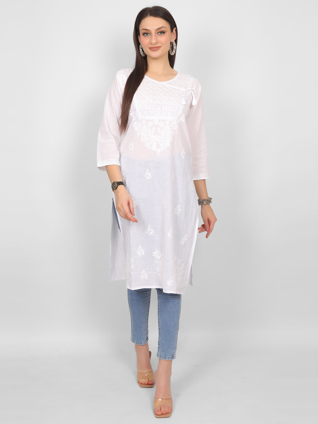 Chikankari Hand Embroidery Angrakha Long Kurti for Women – Elegant Lucknowi Style.