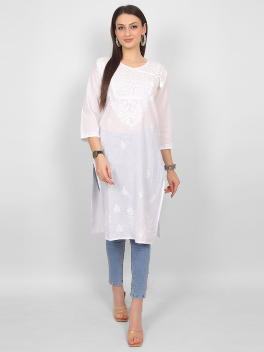 Chikankari Hand Embroidery Angrakha Long Kurti for Women – Elegant Lucknowi Style.