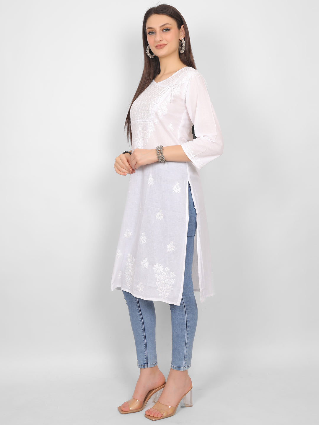 Chikankari Hand Embroidery Angrakha Long Kurti for Women – Elegant Lucknowi Style.