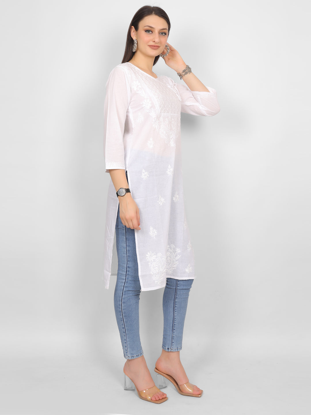 Chikankari Hand Embroidery Angrakha Long Kurti for Women – Elegant Lucknowi Style.