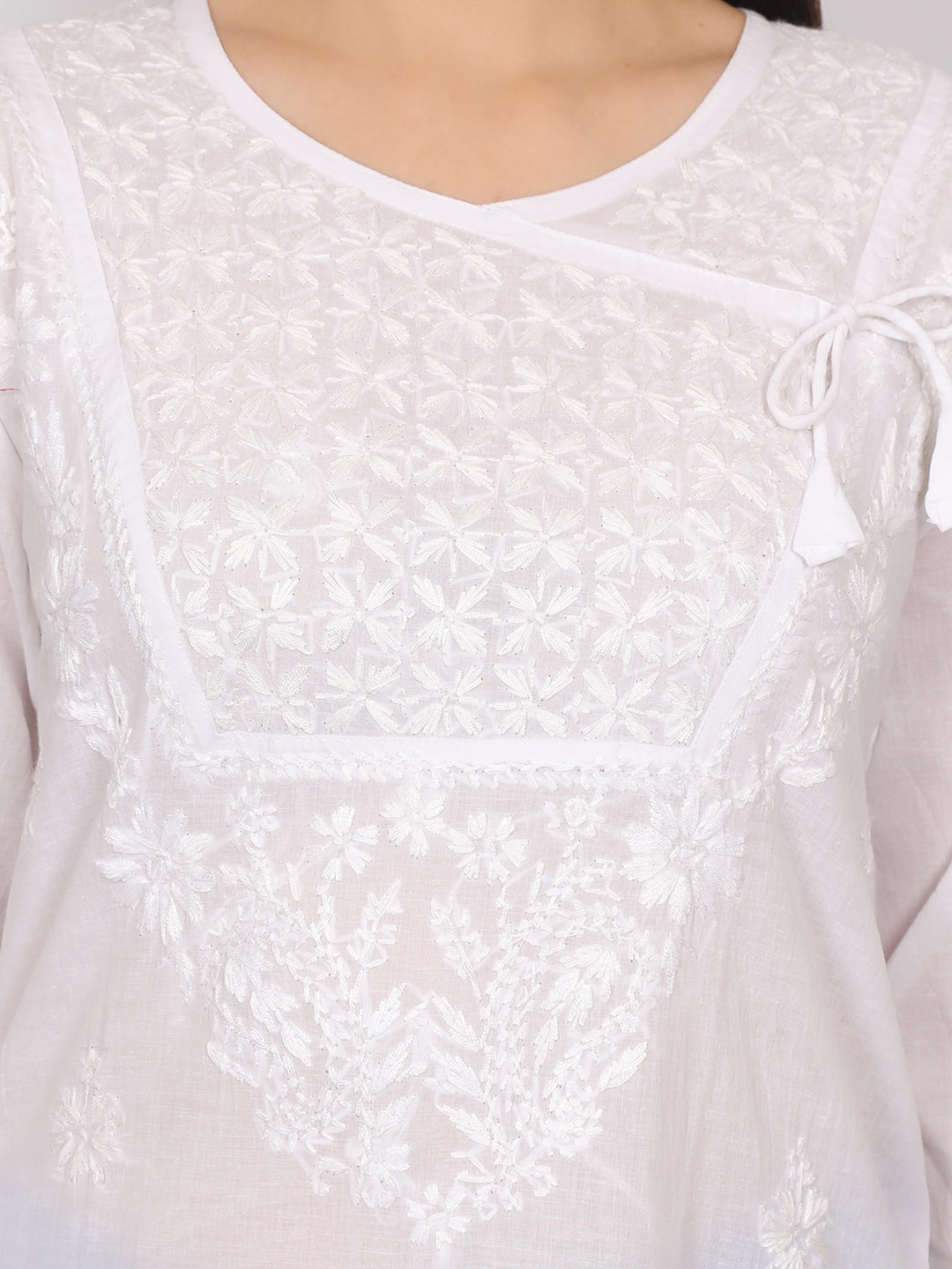 Chikankari Hand Embroidery Angrakha Long Kurti for Women – Elegant Lucknowi Style.