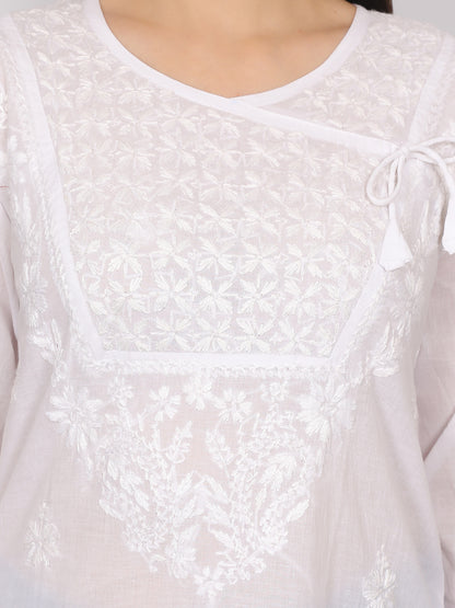 Chikankari Hand Embroidery Angrakha Long Kurti for Women – Elegant Lucknowi Style.