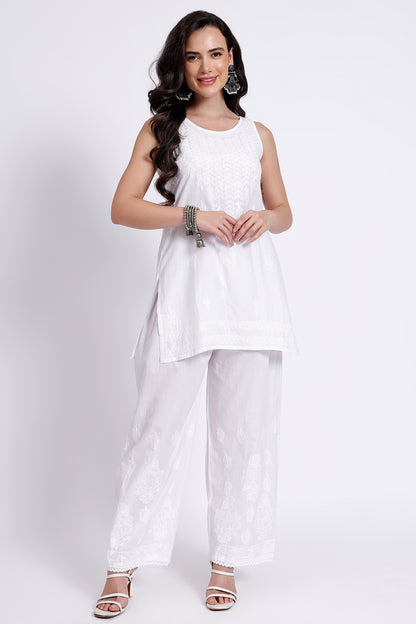 The Chikankari Story White Pure Cotton Chikankari Palazzo with Hand Embroidery and Crochet Lace Border – Lakhnavi Design.