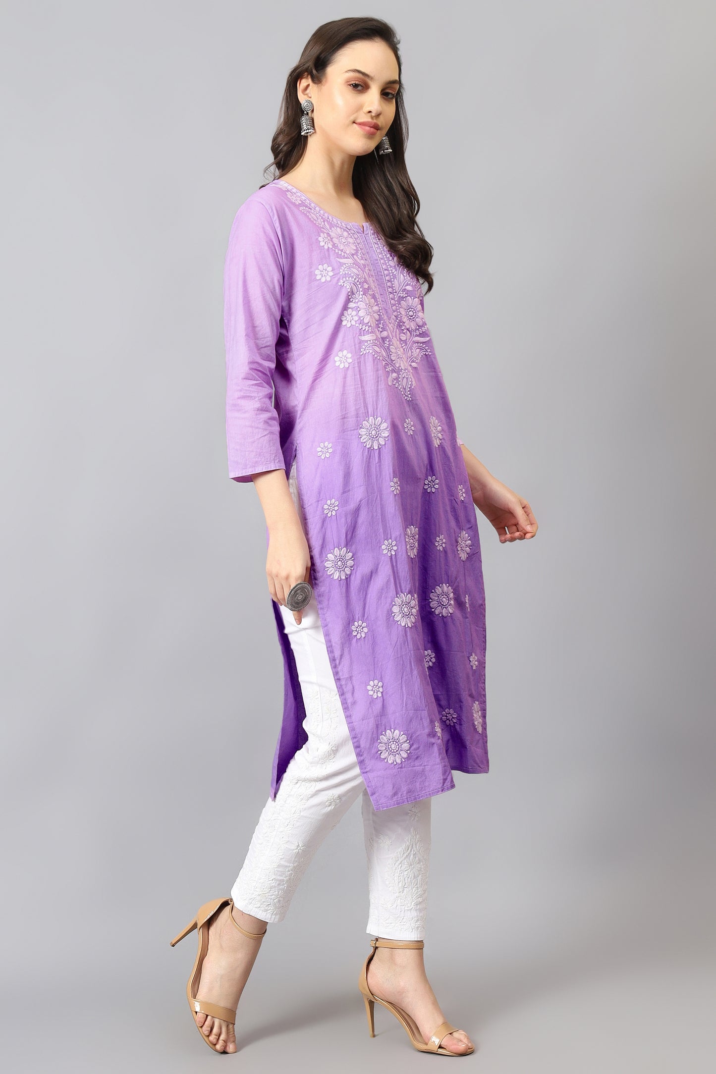 The chikankari story Pure Cotton Kurti for Women - Fine Chikan Kari Machine Embroidery in Ombre Shades of Purple, White, Yellow, Pink, and Blue.