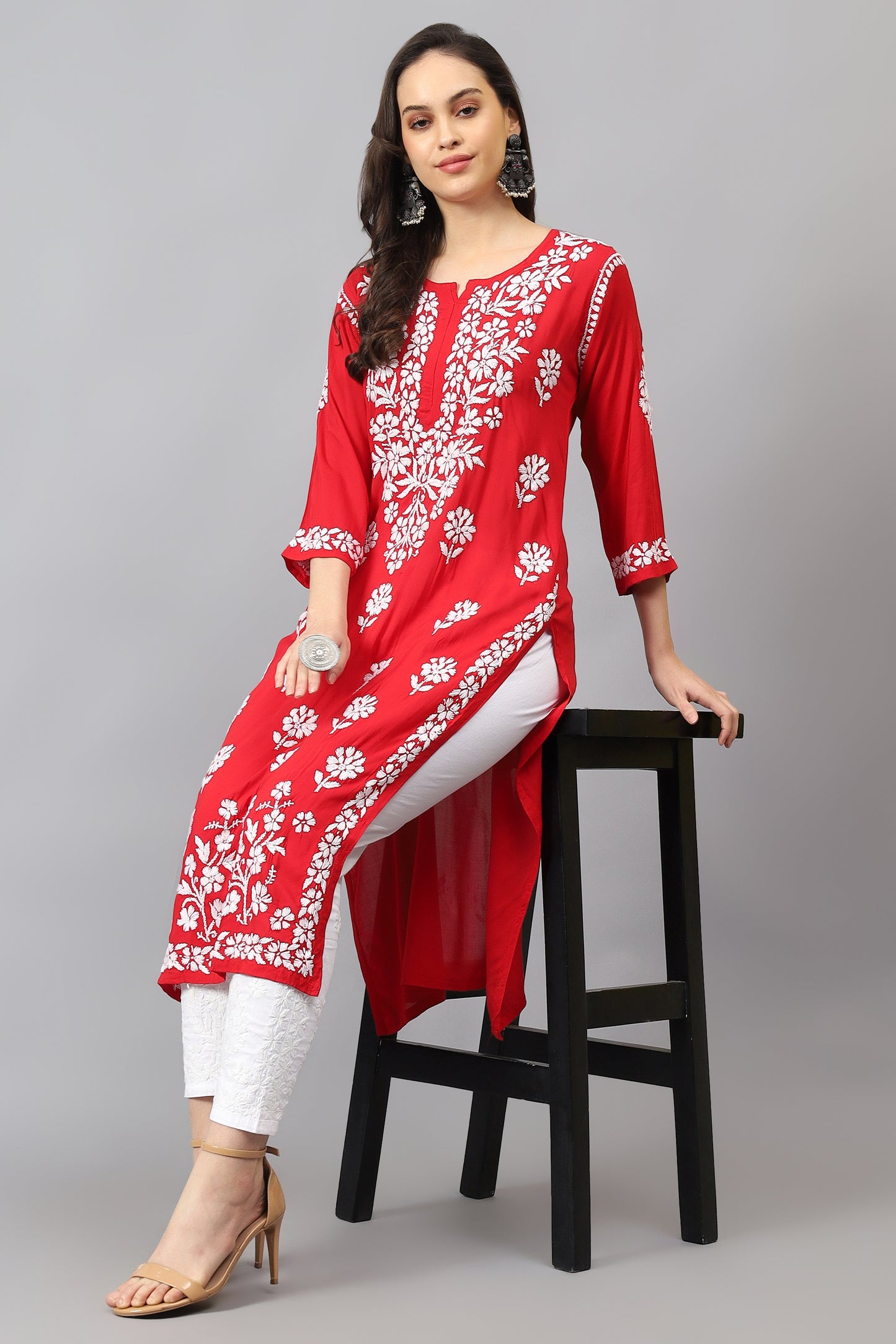 The Chikankari Story Hand-Embroidered Pure Modal Fabric Lucknowi Chikankari Black,Purple and Red Kurta kurti having Traditional 3D Motifs Work.